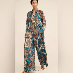 FARM Rio  pants set-Teal and Brown Paisley Wide-Leg Jumpsuit